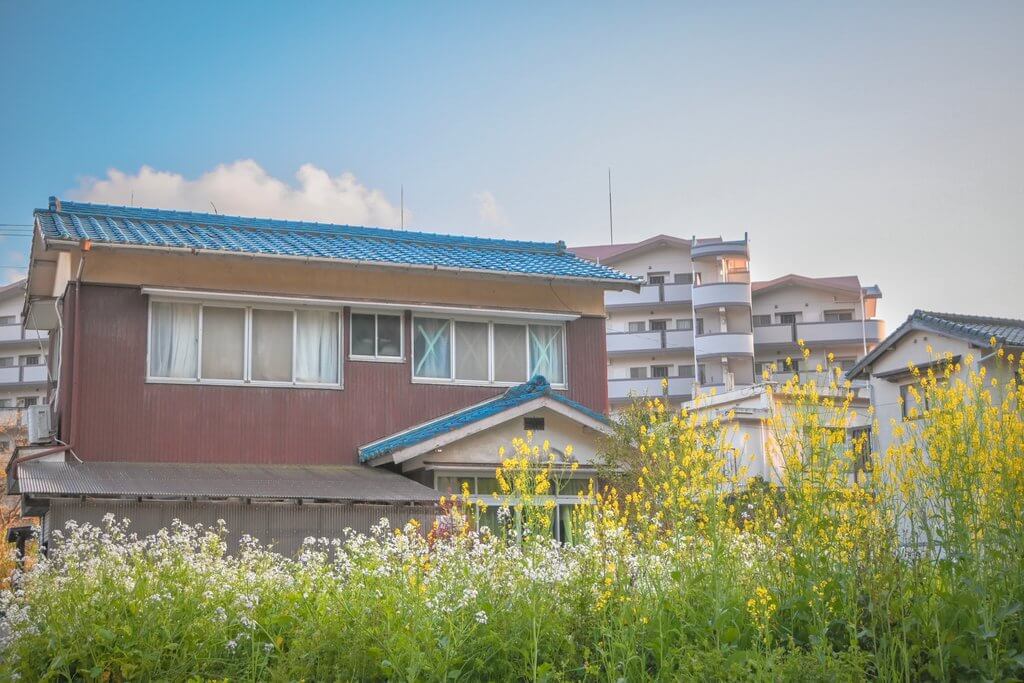 庭のある小さな平屋の外観、青空、引き
