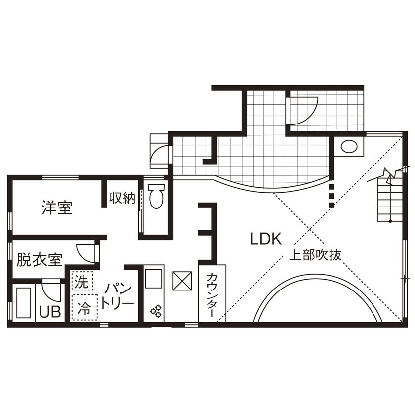 吹き抜けのLDKがある2階建ての間取り図(1階)