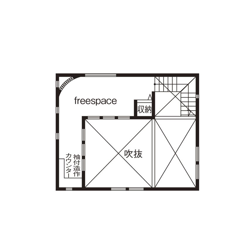 吹き抜けのLDKがある2階建ての間取り図(2階)