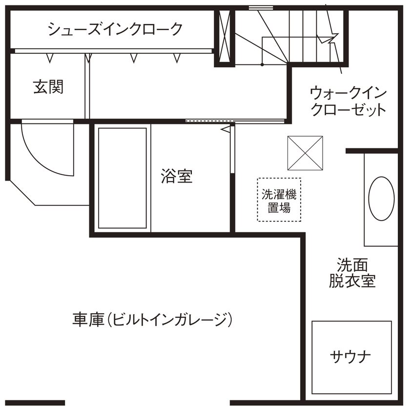 2階にLDKを置いた3階建ての間取り図(1階)