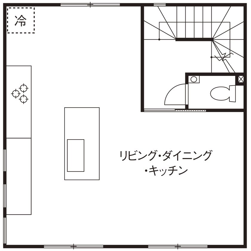 2階にLDKを置いた3階建ての間取り図(2階)