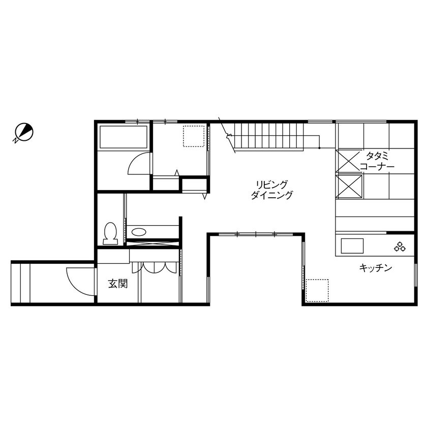 中庭のある2階建ての間取り図(1階)