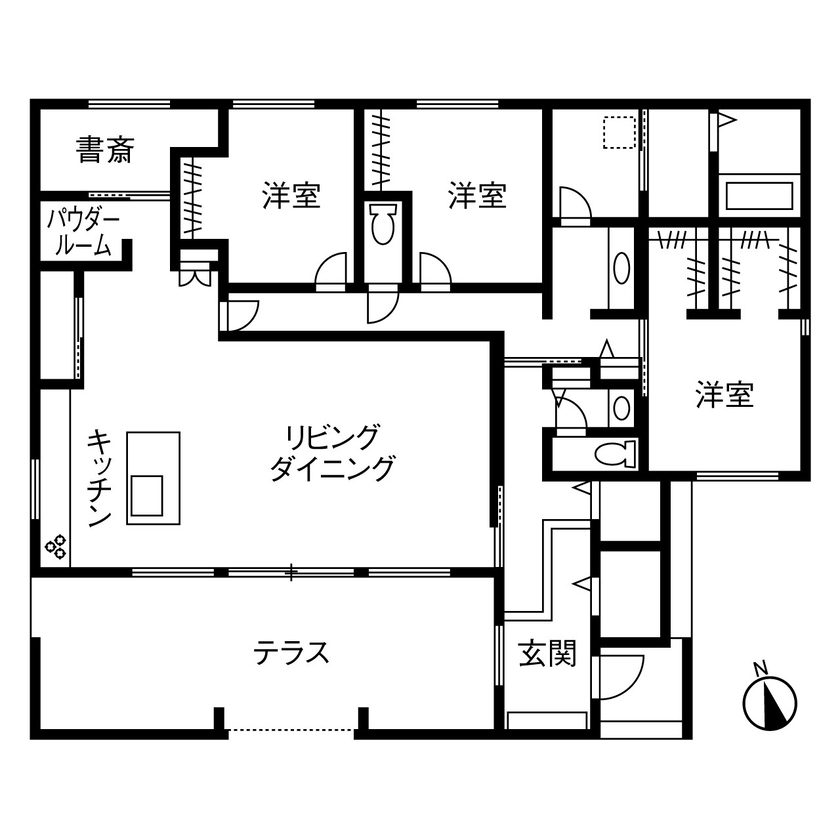 デッキのある平屋の間取り図