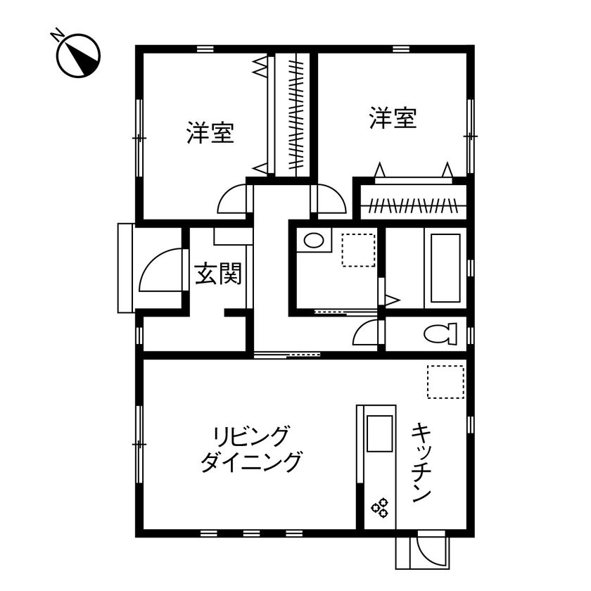 延床20.1坪・2LDKの平屋の間取り図