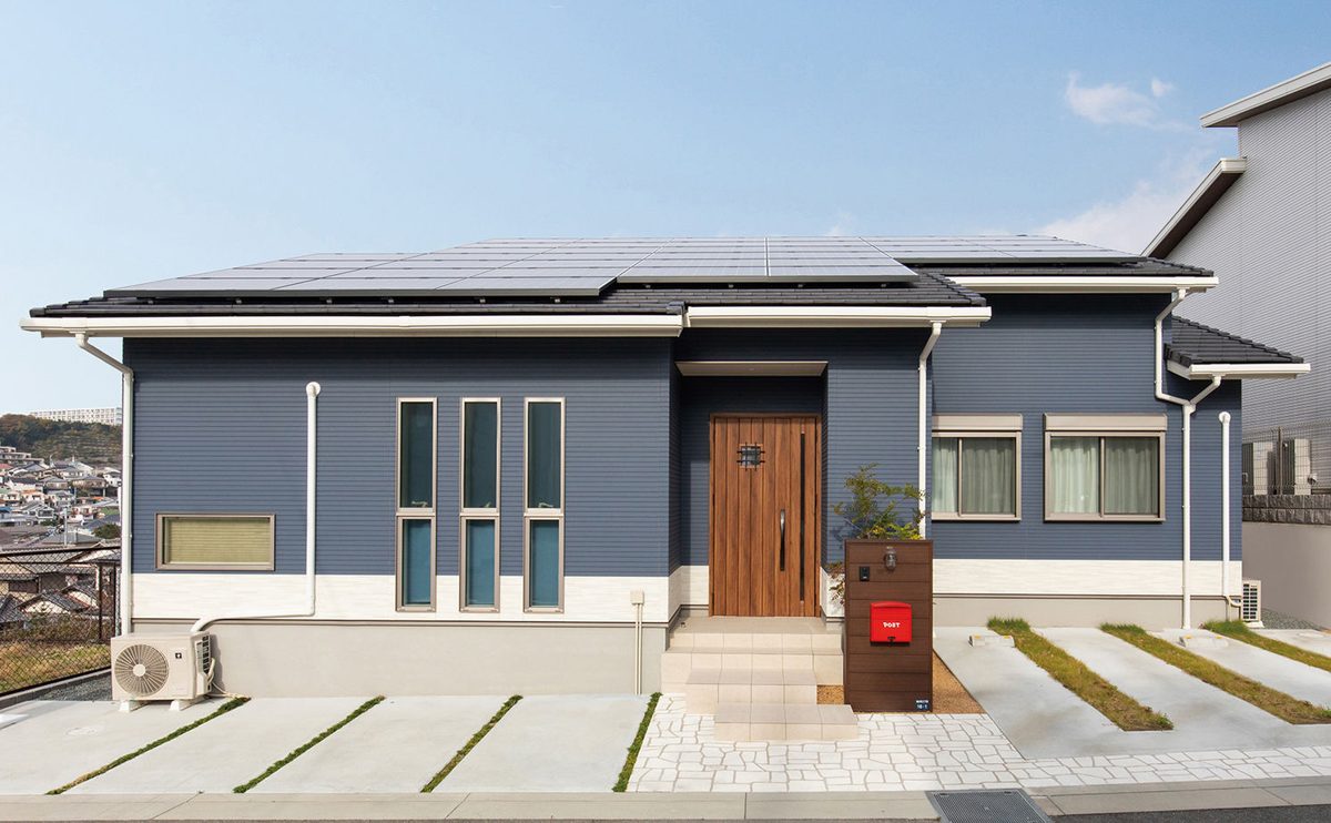 木目のドアと寒色系の外壁の平屋の外観