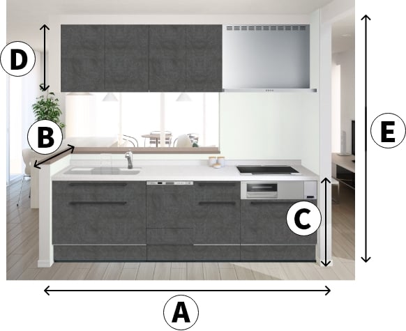キッチンのA.横幅、B.奥行き、C.高さ、D.吊戸棚の高さ、E.吊戸棚を含めたキッチン全体の高さ、それぞれのサイズを測ってください。