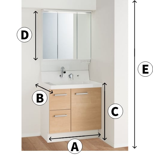 洗面台のA.横幅、B.奥行き、C.カウンターまでの高さ、D.鏡の高さ、E.床から天井の高さ、それぞれのサイズを測ってください。